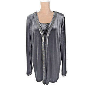 Quacker Factory Sequin Trim Black Velvet Twin Set XL Cardigan Tank Top Holiday